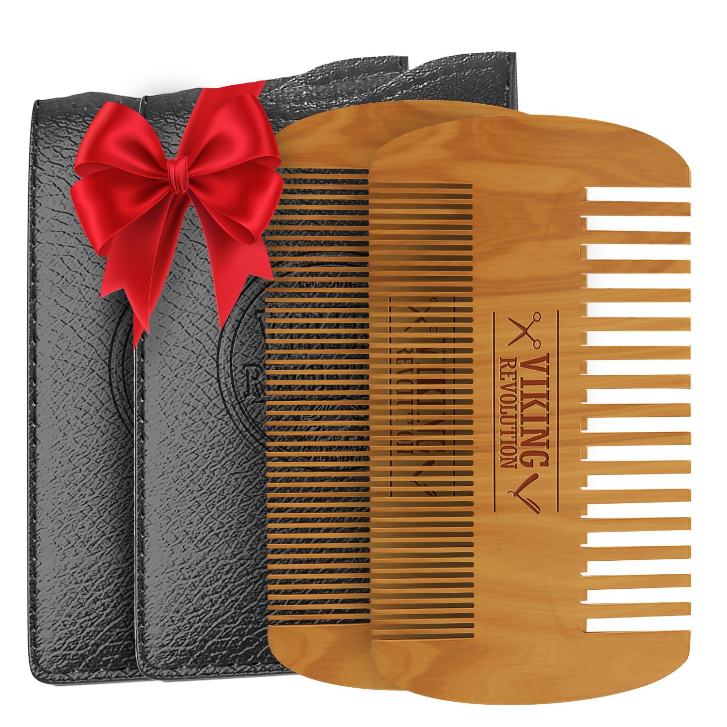 Viking Revolution Wooden Beard Comb & Case, Dual Action Fine & Coarse Teeth, Perfect for use with Balms and Oils, Top Pocket Comb for Beards & Mustaches (2 Pack)