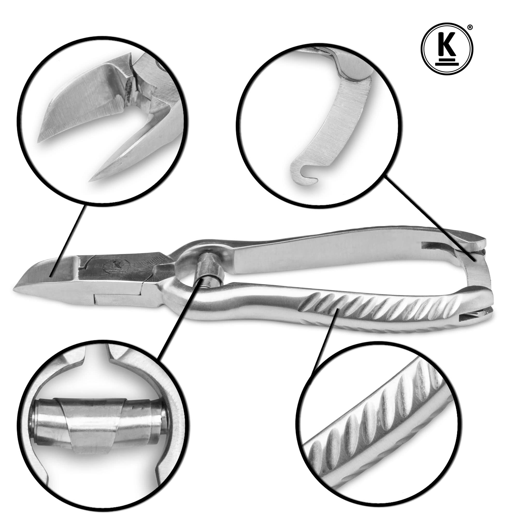 K-Pro Pince à ongles professionnelle en acier inoxydable pour ongles des orteils forts, épais et durs - 14 cm courbée avec ressort tampon - Poignée antidérapante - Parfait pour les personnes âgées