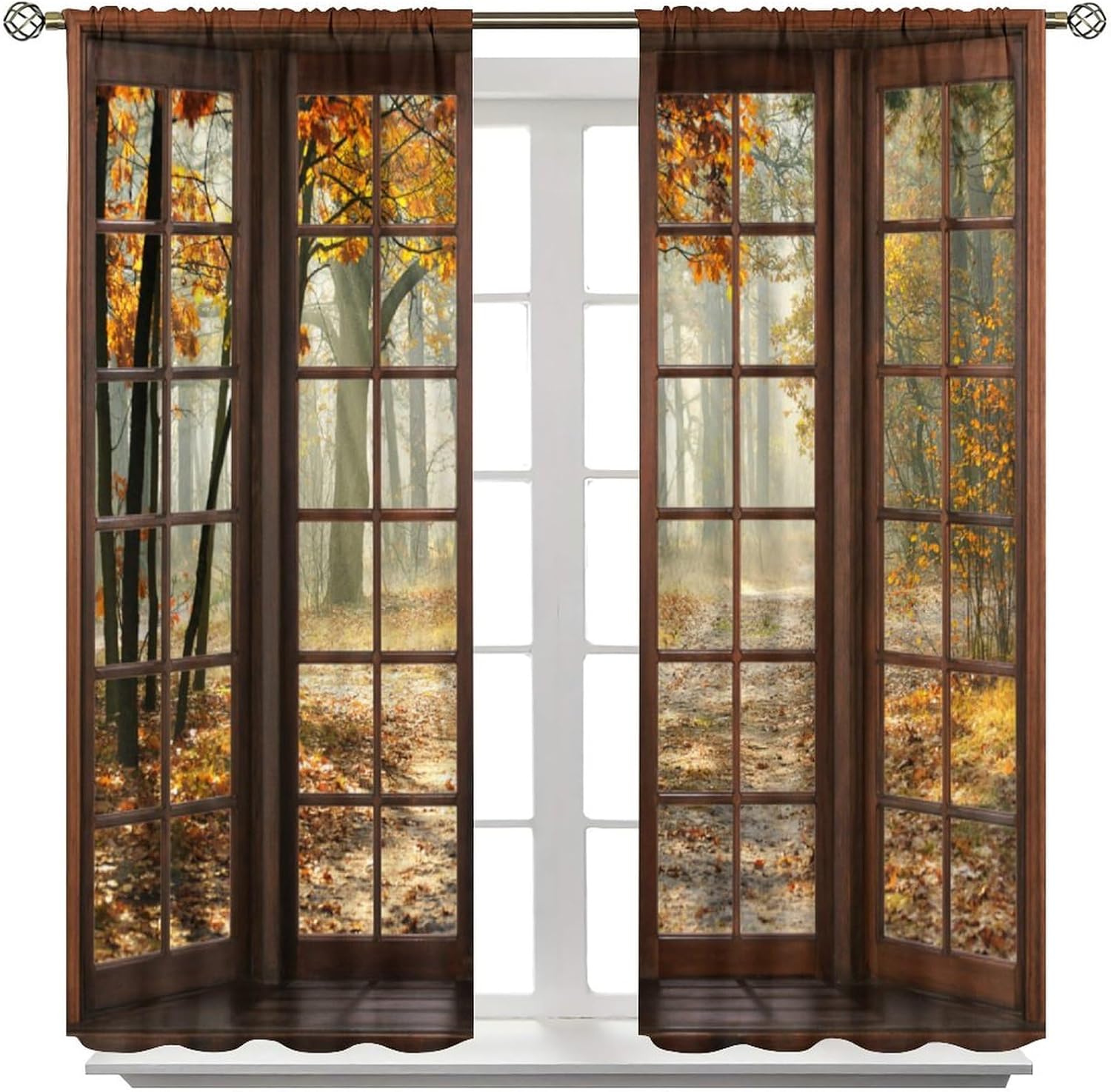 Fall Blackout Curtains,Autumn Forest Tree Yellow Fallen Leaves Scenery Outside Wooden Window Pattern Drapes Window 2 Panel Rod Pocket Curtain for Bedroom Living Room Decor 84" W X 84" L