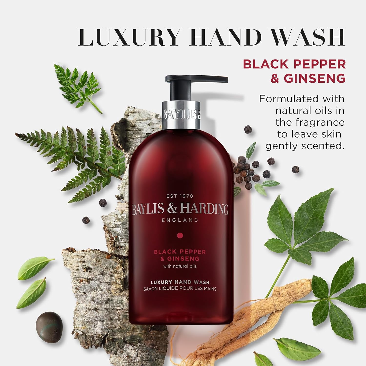 Baylis & Harding Liquid Hand Soap Wash with Dispenser, Black Pepper & Ginseng for Men, 16.9oz/500ml