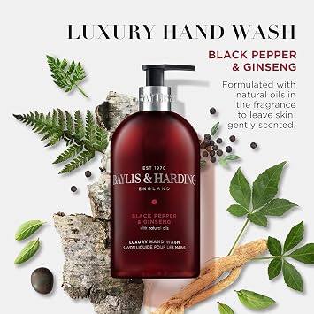 Baylis & Harding Liquid Hand Soap Wash with Dispenser, Black Pepper & Ginseng for Men, 16.9oz/500ml