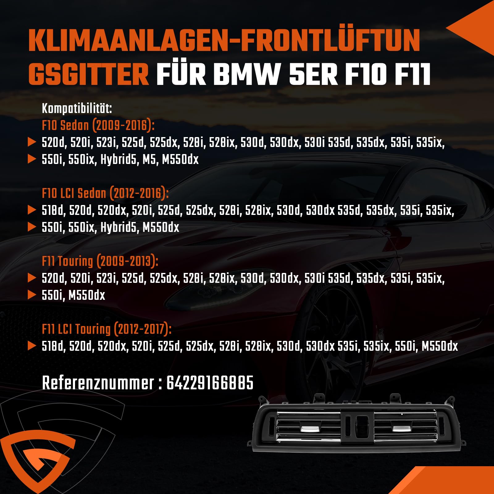GEARMONSTER Frontluftgitter AC Lüftungsgitter für BMW 5er F10 F11 Klimaanlagengitter kompatibel mit 520 523 525 528 530 535 550 2010-2016, Lüftungsgitter Klimaanlage Ersatz 64229166885