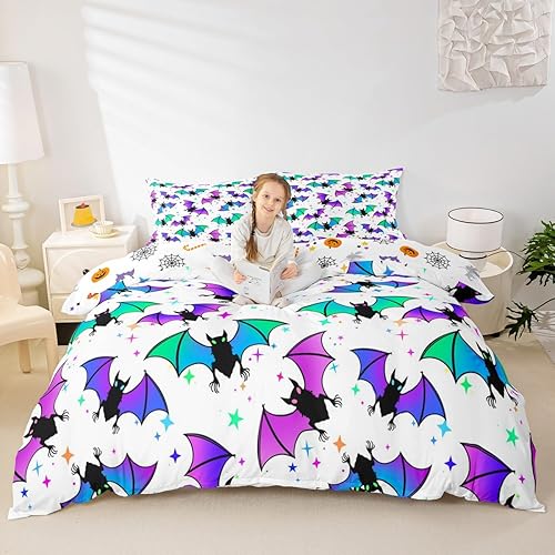 Miniatura 10 de Erosebridal Decoración de Halloween de murciélagos, juego de ropa de cama tamaño King con purpurina y estrellas y galaxia, funda de edredón para