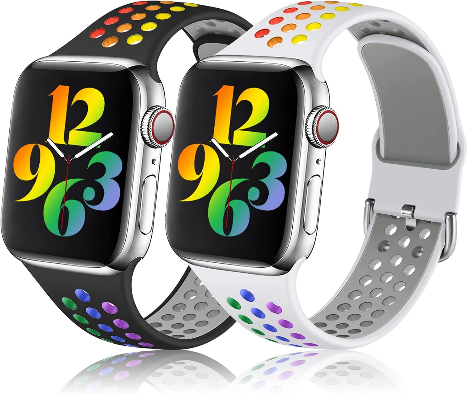 Henva Sport Bands Compatible with Apple Watch Band 38mm 40mm 41mm 42mm 44mm 45mm for Women Men, Silicon Wristband with Air Holes for iWatch SE Series 7/6/5/4/3/2/1, White/Colorful, Black/Colorful, S/M