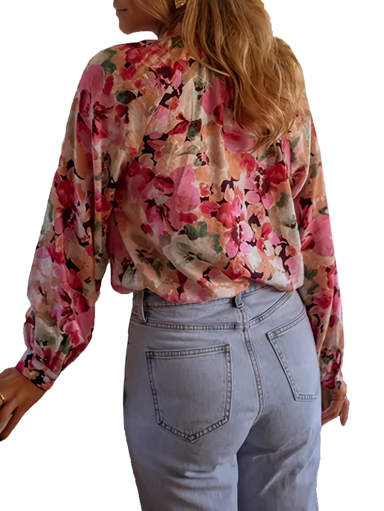 Chemises À Manches Longues pour Femmes Été Coupe Ample Imprimé Floral Col Rond Chemisier À Boutons