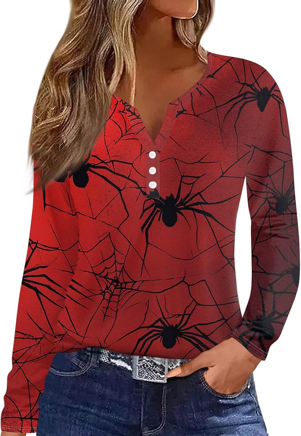 Women's Halloween Fall Long Sleeve V Neck Graphic T-Shirts | Women Cotton Tops, Womens Cute Shirts, Cotton Tees for Women, Womens Cruise Wear, Blusas De Mujer