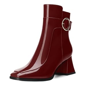 Womens Black Square Toe Mid Heel Ankle Booties with Side Zipper Fashion Buckle Strap Ankle Boots for Women