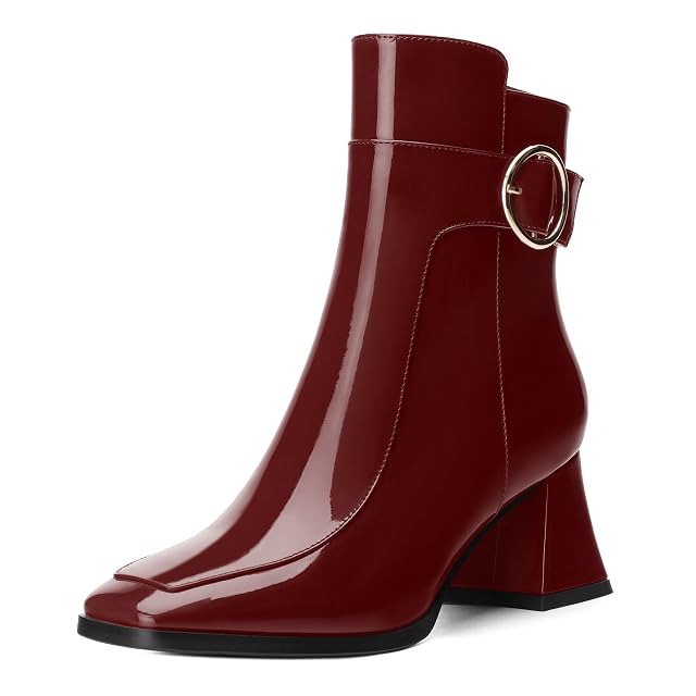 Womens Black Square Toe Mid Heel Ankle Booties with Side Zipper Fashion Buckle Strap Ankle Boots for Women