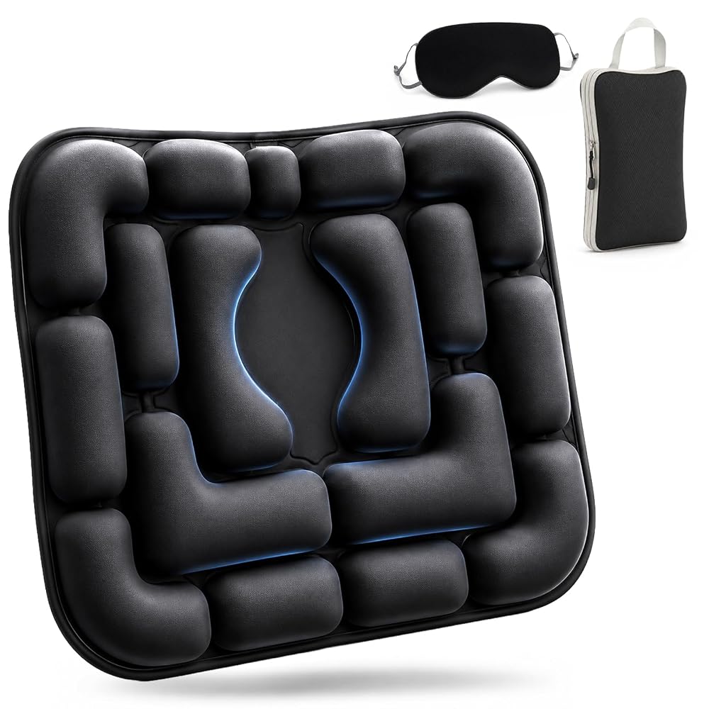 Airplane Seat Cushion, Inflatable & Portable Travel Cushion with Eye Mask