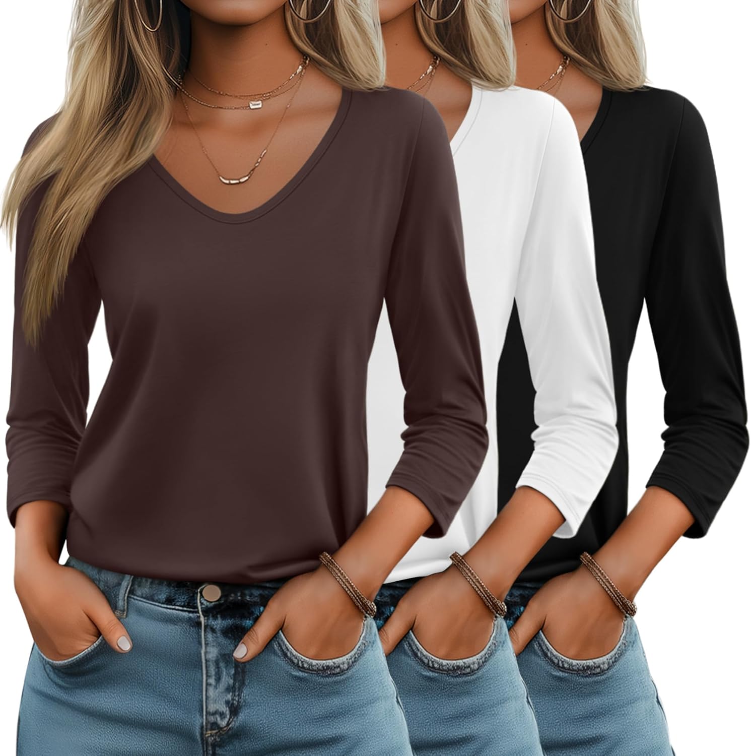 Huukeay 3 Pack Women's 3/4 Sleeve T-Shirts, V Neck Casual Tops Loose Fit Tunic Basic Tees 3/4 Length Sleeve Soft Blouses