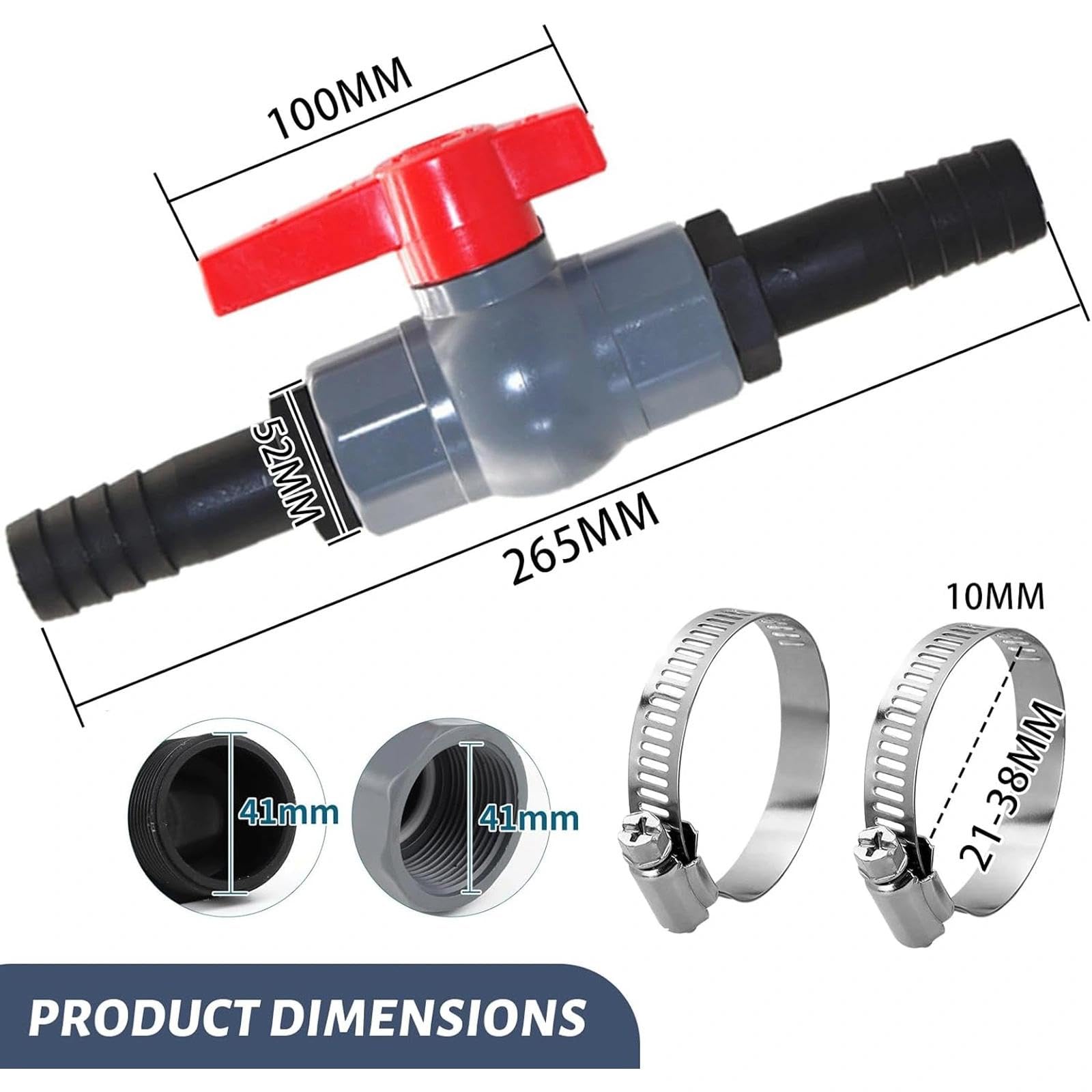 Zawór kulowy z przyłączem węży basenowych 1 1/4 (40mm) GW wewnętrzny + końcówki na wąż 32mm | Zawór odcinający do basenu, PVC, do nawadniania i instalacji wodnych