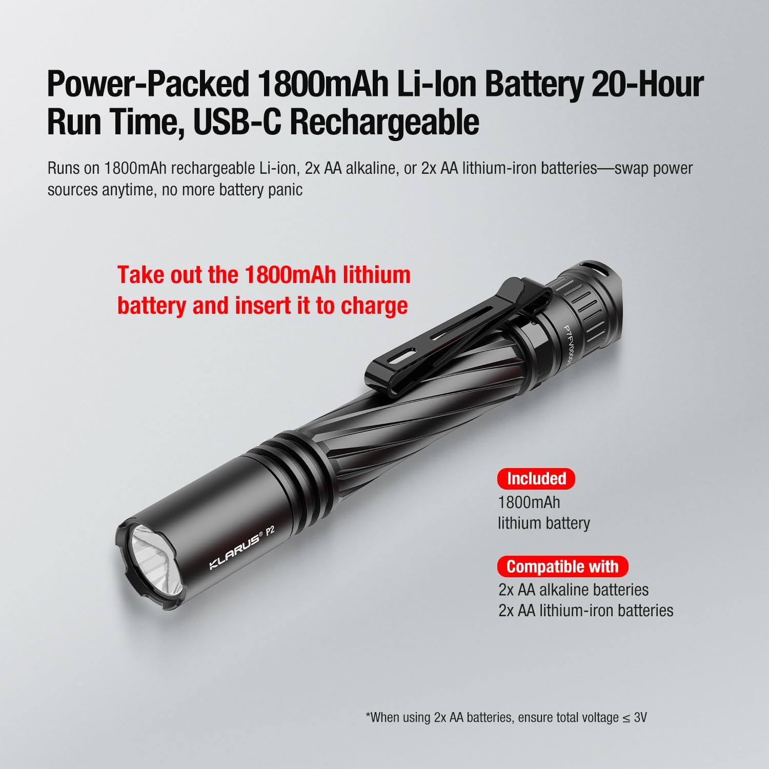 klarus P2 Lampe stylo 1 000 lumens, portée de 270 mètres – 2 piles AA ou USB-C rechargeables (piles incluses), étanche IPX8, lampe torche EDC compacte pour la poche — vue 4