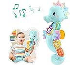AWOTOY Baby Toys 0 to 12 Months, Musical Stuffed Animal Activity Soft Toys with Multi-Sensory Crinkle, Rattle and Textures, Infant Tummy Time Toys for Newborn Boys, Seahorse, Blue