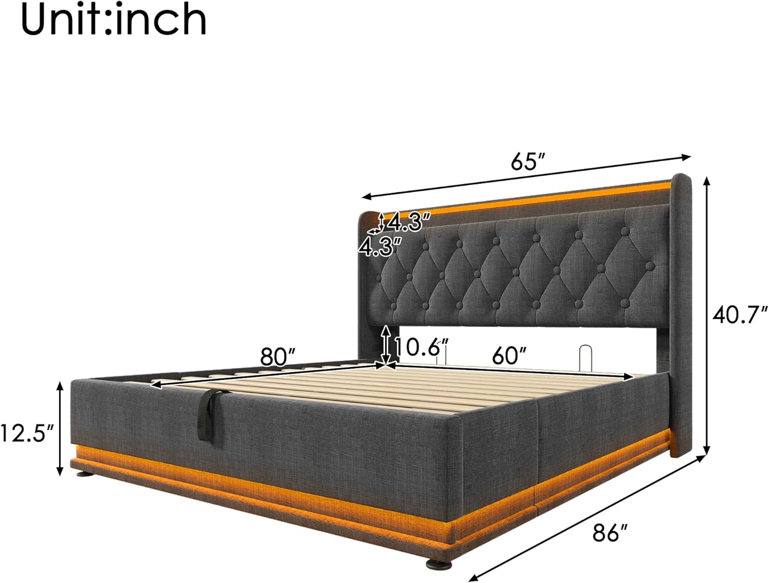 Harper & Bright Designs Upholstered Queen Size Bed with Lift Up Storage & LED Lights, Hydraulic Storage Bed with USB Type-C Charging, Linen Queen Bed Frame with Headboard, Gray