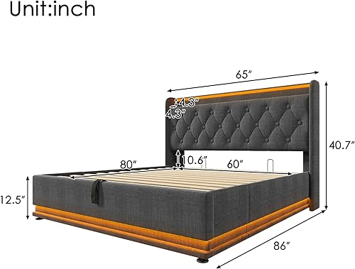 Miniatura 64 de Base de cama LED tapizada tamaño Queen, plataforma flotante de terciopelo con cabecero, MDF moderna y cama de madera contrachapada (beige-081)