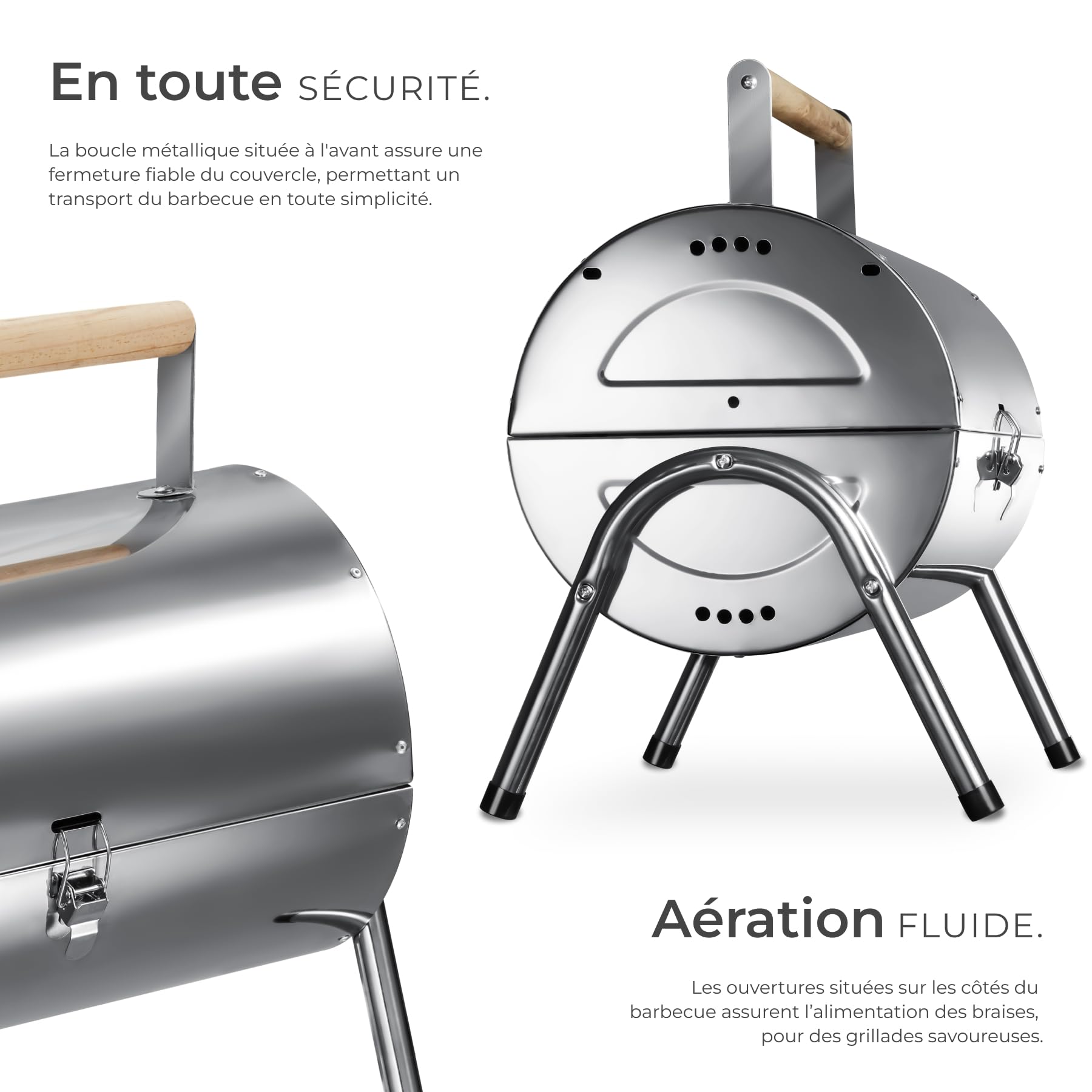 tectake® Barbecue portable avec double surface de cuisson, 42x30.5x44 cm | Acier inox, Couvercle pratique, Poignée en bois, Trous d'aération, Bacs à charbon amovibles, Pinces pour grille, Stabilité