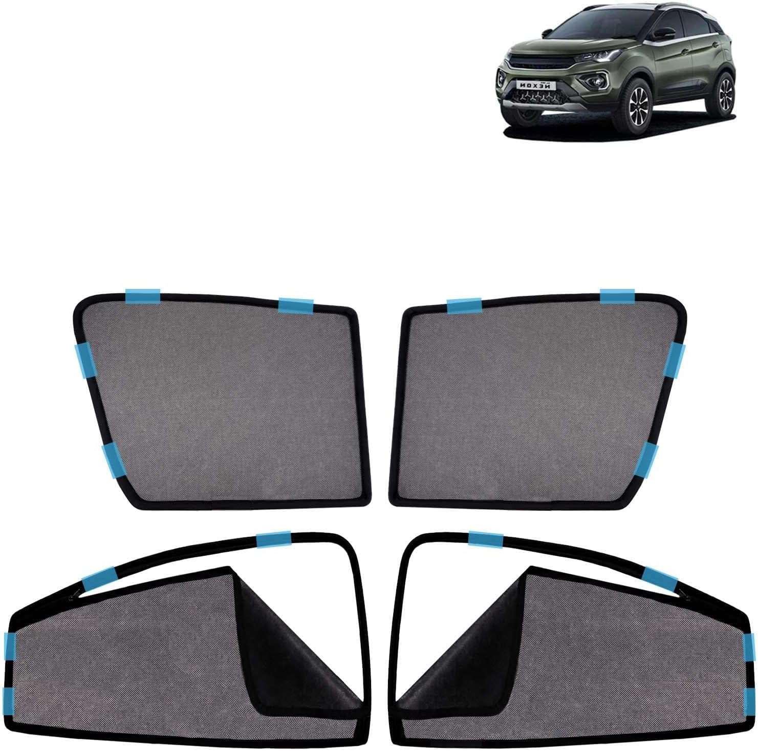 Car Sun Shade Curtains Only Compatible with Tata Nexon (2020 to 2023) | Front Window in Half Cut and Rear in Zipper (Magnetic) | UV & Heat Protection | Pack of 4 Pcs