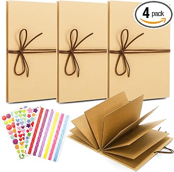Hacaroa 4 Pack 6 x 8 Inches Scrapbook Albums, Accordion Hardcover Kraft Paper, Stretchable Folding DIY Handmade Adventure Book with Brown Pages, Gift for Anniversary, Graduation