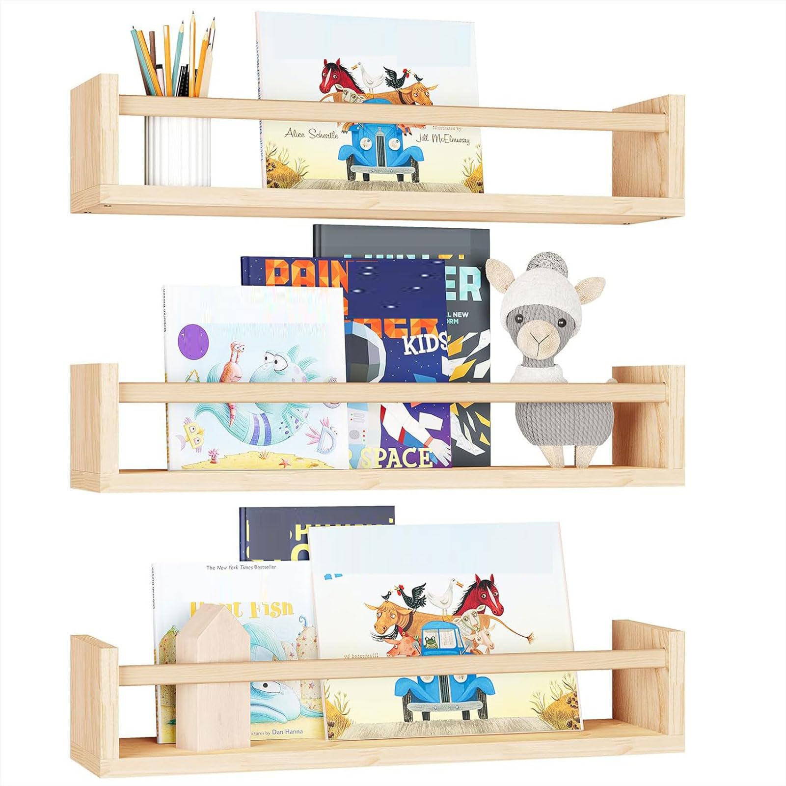 Yahbrra Wandregal Kinderzimmer Regal Wand Schweberegal: für Wohnzimmer Küche Arbeitszimmer Badezimmer Deko Wohnzimmer Gewürzregal Wand Wandregal Holz (Holzfarbe, 3-teiliges Set 42x10x9cm)