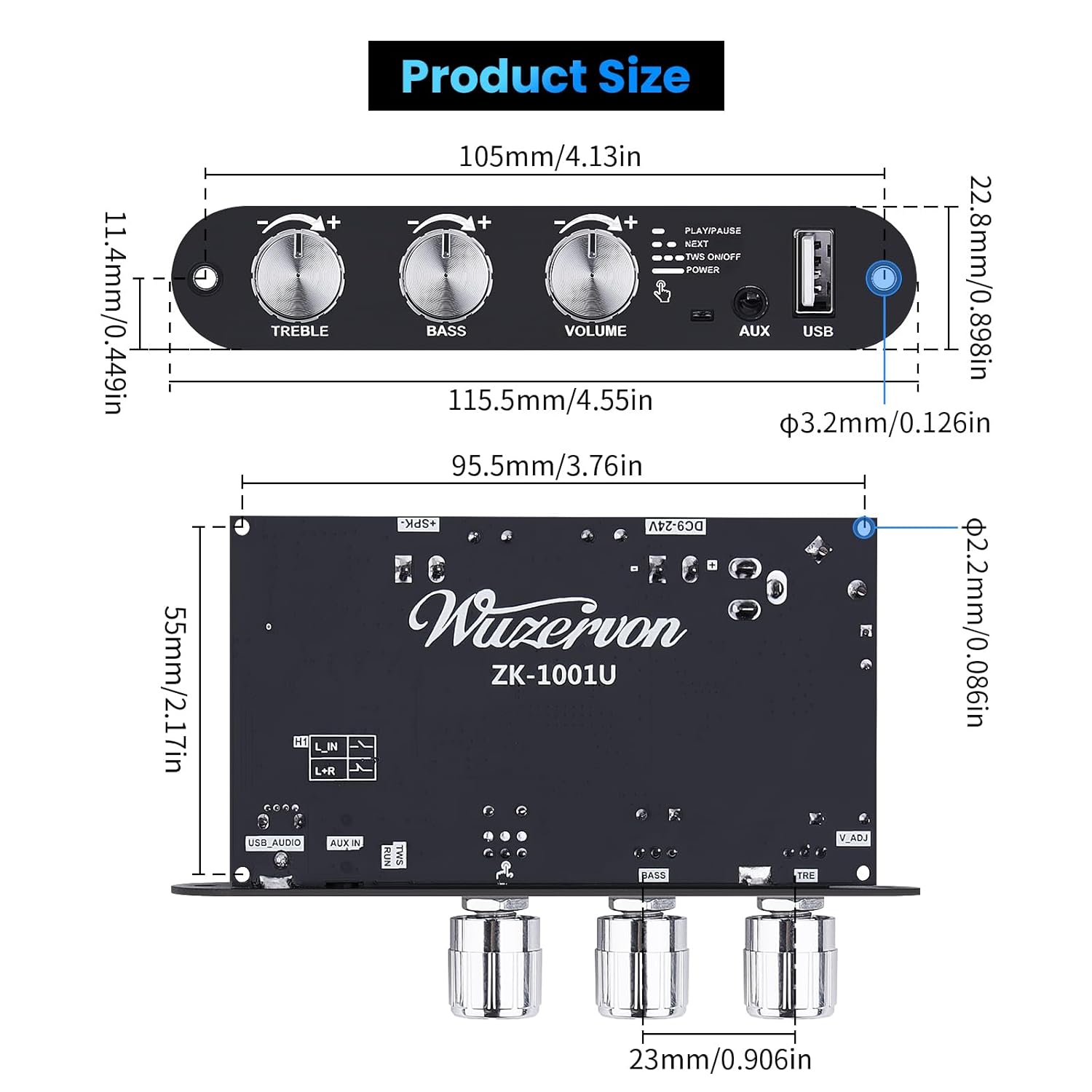 2 Pack ZK-1001U Bluetooth 5.3 Mono Amplifier Board with TWS & Boost Circuit, Mini Audio Amp for Home Outdoor DIY Speakers with 100W Power Output, Treble and Bass, USB/AUX/BT Input, DC 9-24V