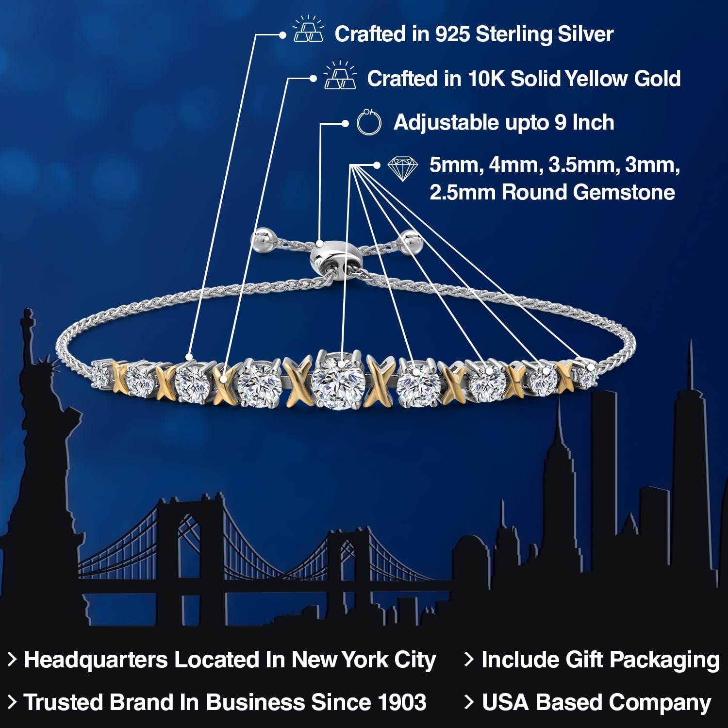 Gem Stone King 1.70 Cttw Round Lab Grown Diamond Graduated Bracelet For Women | 925 Silver and 10K Yellow Gold | DEF Color | VVS-VS Clarity | Adjustable Bolo Bracelet | Easy-On Easy-Off