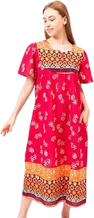 Womens Short Sleeve Red Lounger House Dress - 3 Button Bib Yoke and Pockets