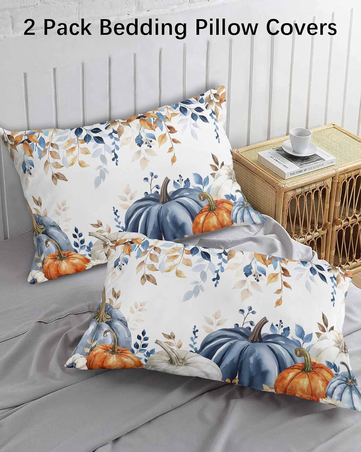 DecorLovee Fall Blue Pumpkins Pillow Cases Standard Size Set of 2, Orange Botanical Microfiber Bed Throw Pillow Covers, Thanksgiving Decorative Lumbar Pillow Cover with Envelope Closure 20x26Inch