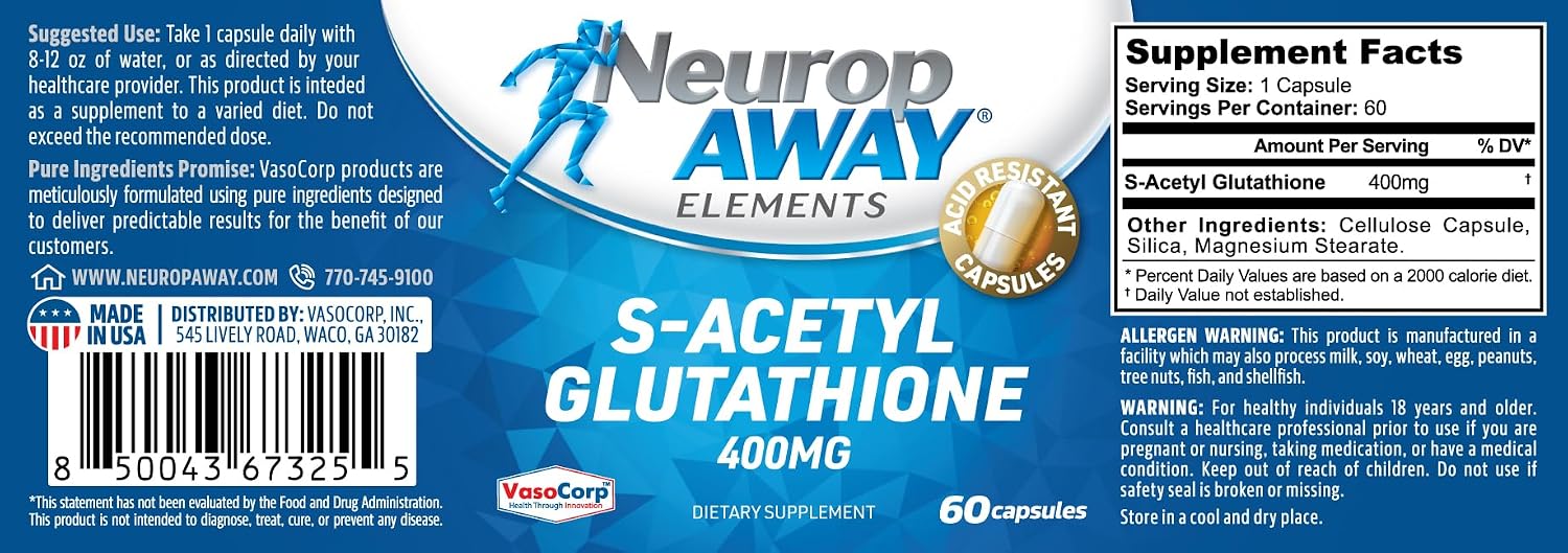 NeuropAWAY Elements S-Acetyl-Glutathione 400mg Acid Resistant Capsules 60ct (60 400mg Capsules Per Bottle) 3rd Party Tested Made in a cGMP Facility