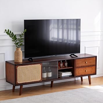 Tiita TV Stand with Storage for TVs up to 65, Bamboo Rattan TV Console Entertainment Center with 2 Open Shelf, Mid Century Modern Media Console for Living Room, Bedroom, Walnut
