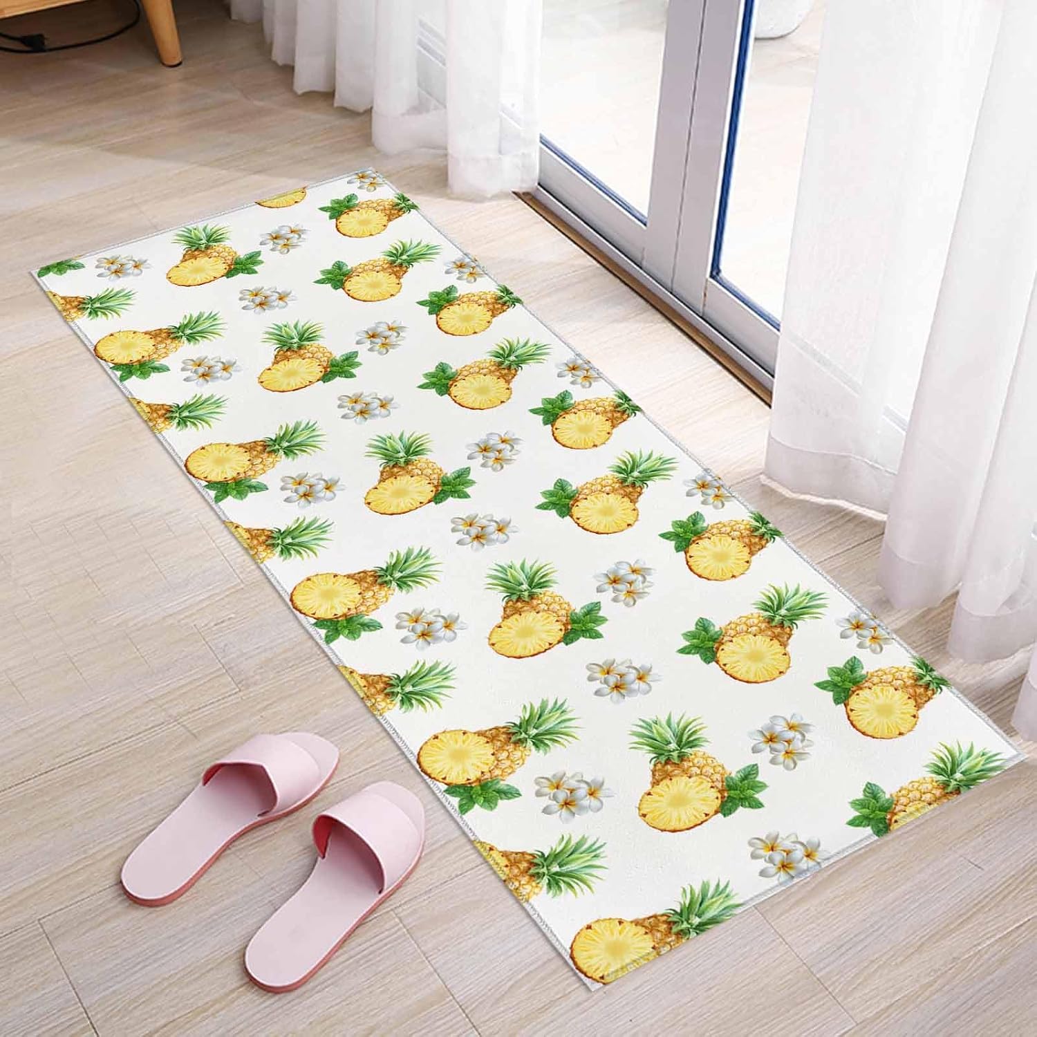 Teamery Kitchen Mats for Floor Summer Watercolor Pineapple Washable Non Slip Kitchen Rugs 1PCS, Seamless Fruit Flower Art Absorbent Standing Mats for Sink Bathroom Office Living Room 15.7x47.2in