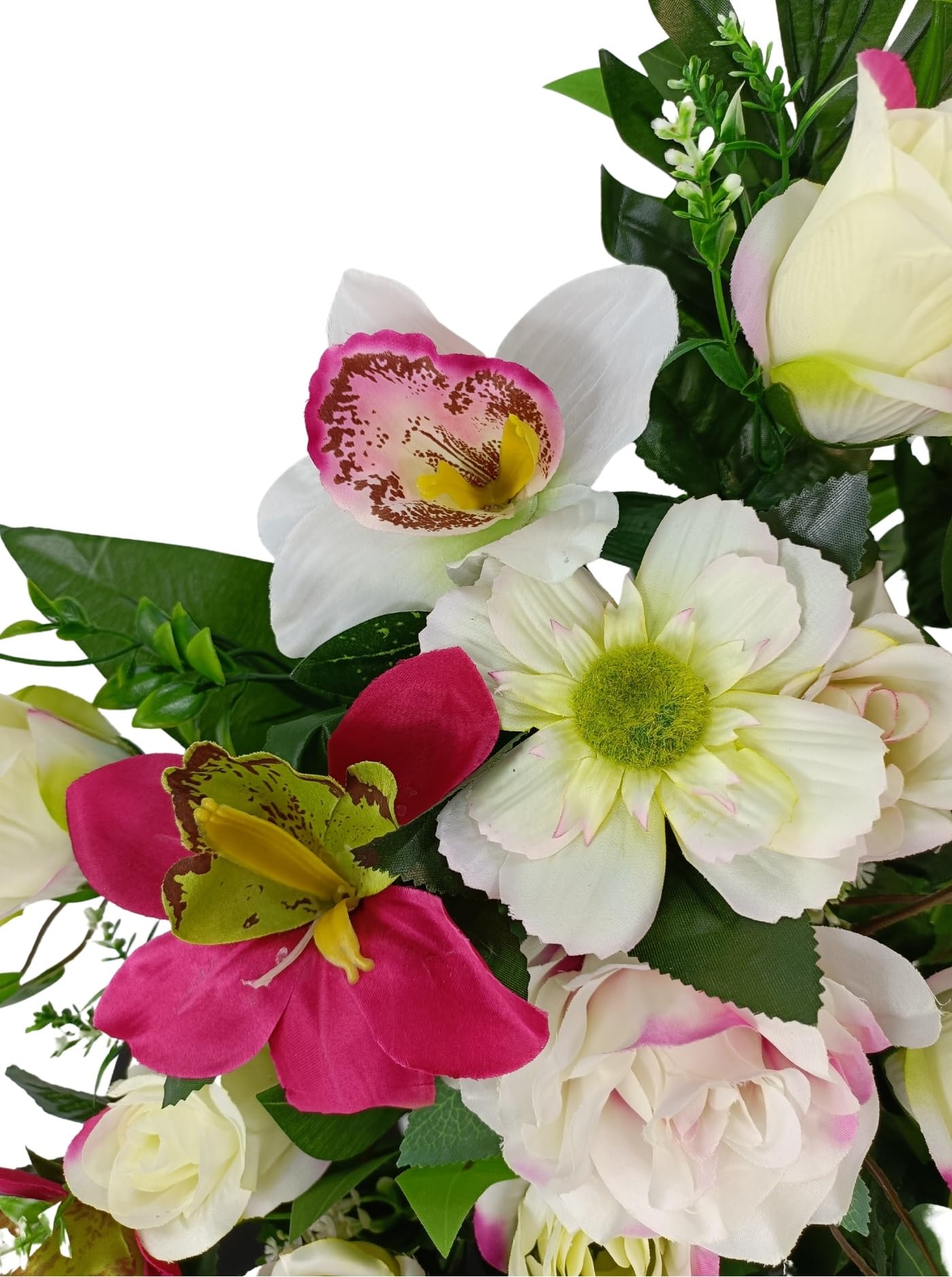 DRW Centro Flores Artificiales Cementerio, Santos, Iglesias, Aniversarios, Ceremonias, Bodas Rosa y Fucsia con orquideas, Rosas y capullos 70x65x30 cm