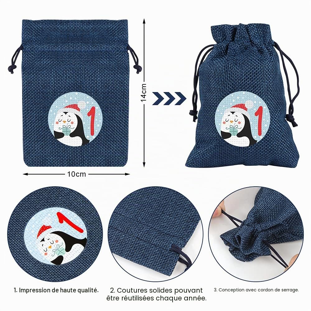 Sprinlot 24 Calendrier de l'Avent à Remplir, Sac en Tissu de Calendrier de l'Avent, Calendrier de Noël Sachets ​en Jute, Sacs Calendrier Surprise pour Noël, Calendrier de l'avent Sachet