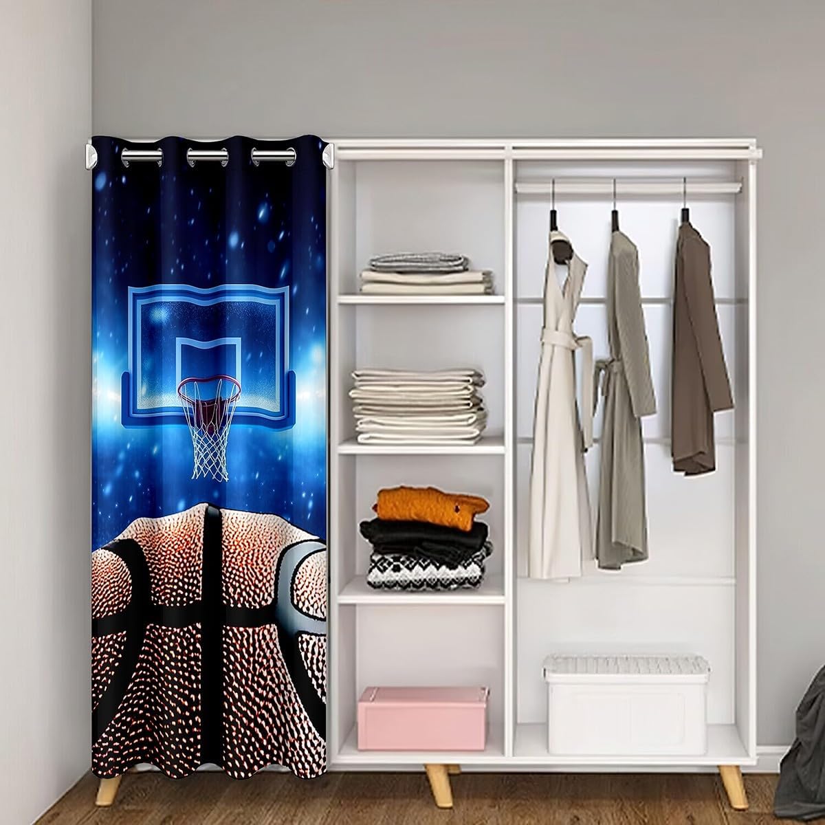 Basketball Door Curtain for Doorway Privacy 34"x80" 1 Panel Sports Theme Room Divider Curtain Cover Basketball Court Print Insulated Thermal Curtain Bedroom Blue Print Gaming Sports Window Treatments