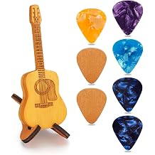 Soitis Wooden Guitar Pick Holder with 2Pcs Wood Pick 5Pcs Celluloid Pick Acoustic Guitar Shape Pick Box Gift for Guitar Player Guitarist Musician