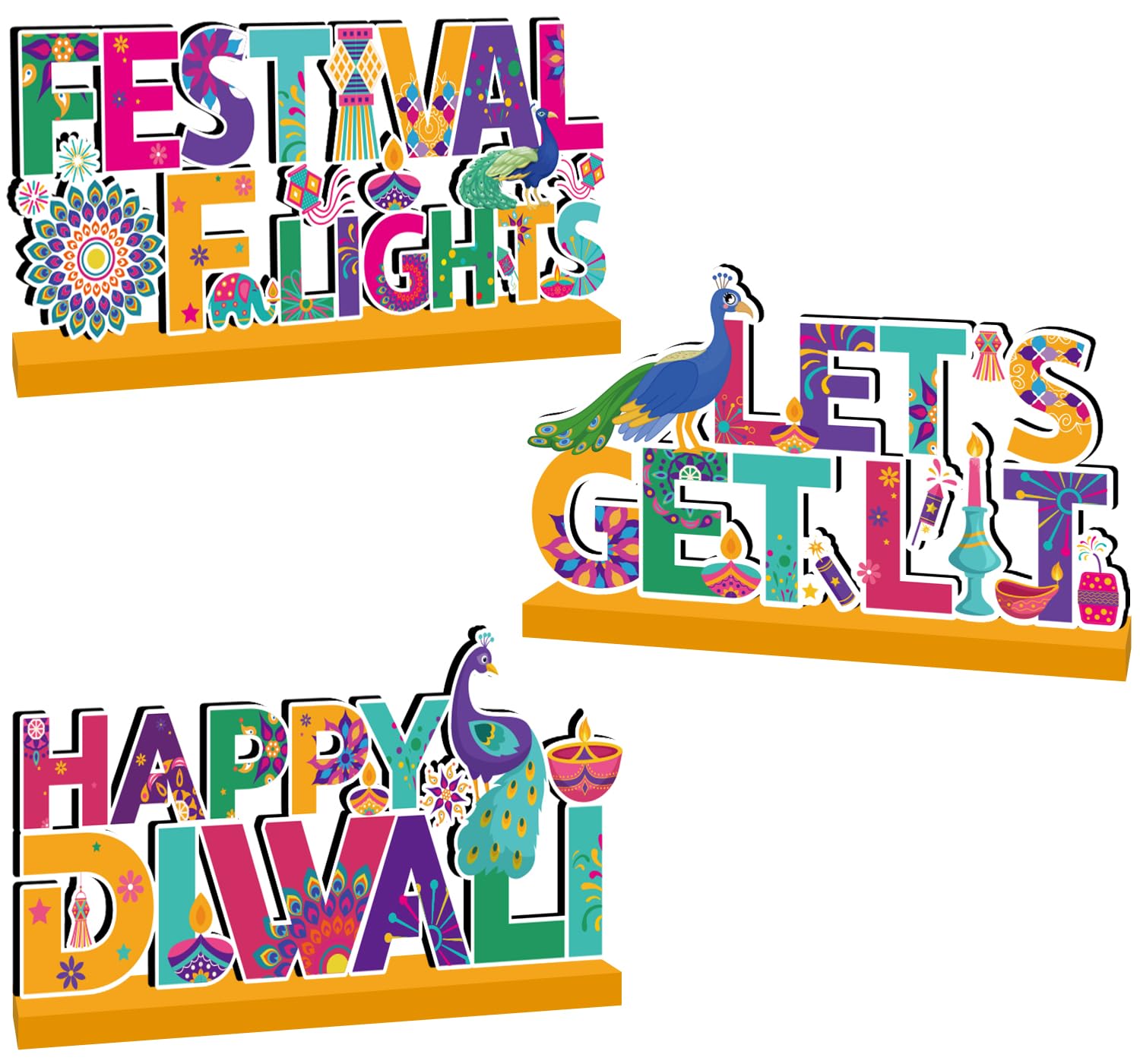 3Pcs Wooden Table Centerpieces, Happy Diwali Table Decorations for Indian Hindu Festival of Lights Party