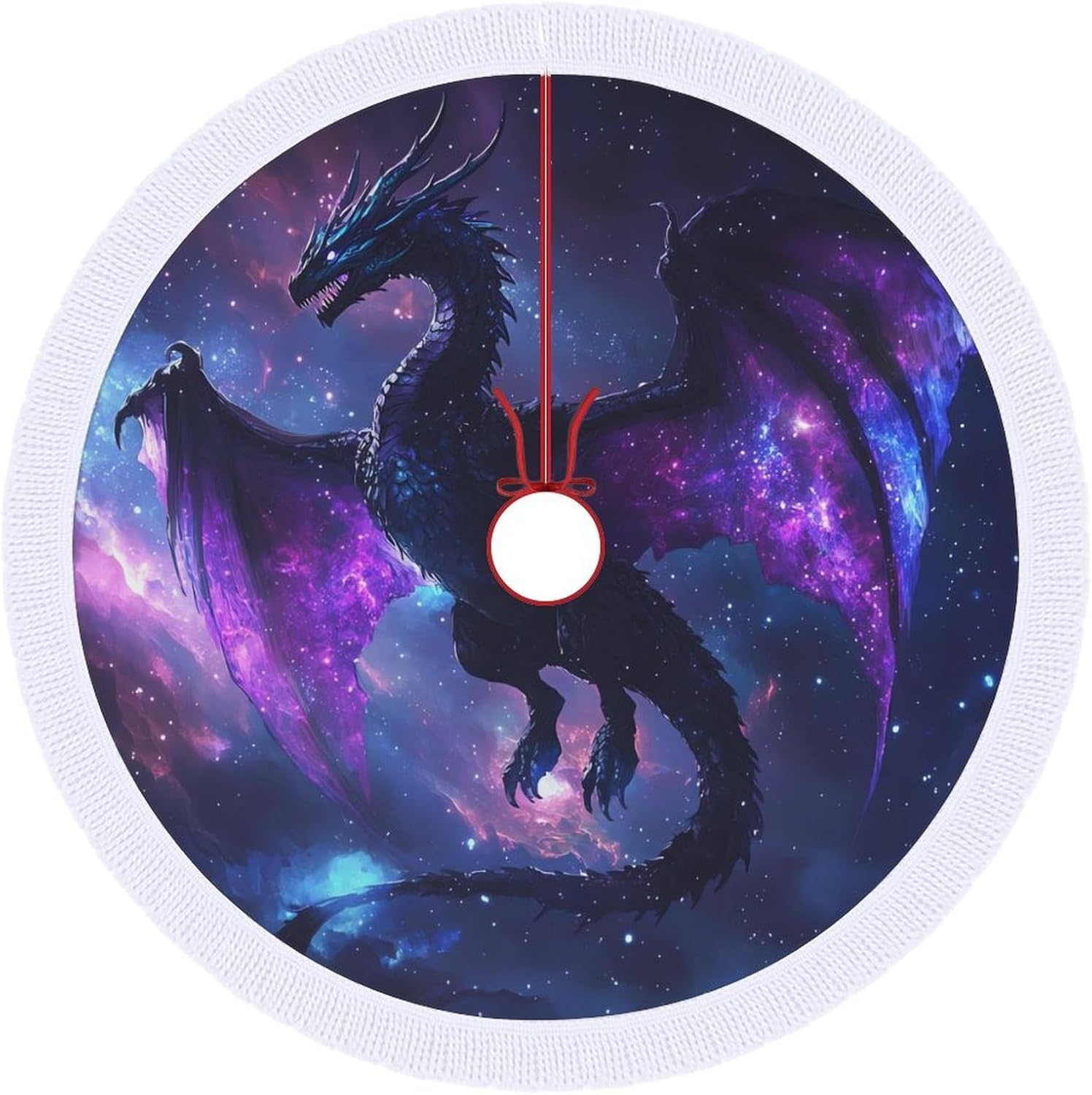 Purple Dragon Fantasy Animals Christmas Tree Skirt Round Xmas Tree Mat Ornaments Tree Skirts with Tassels for Holiday Party