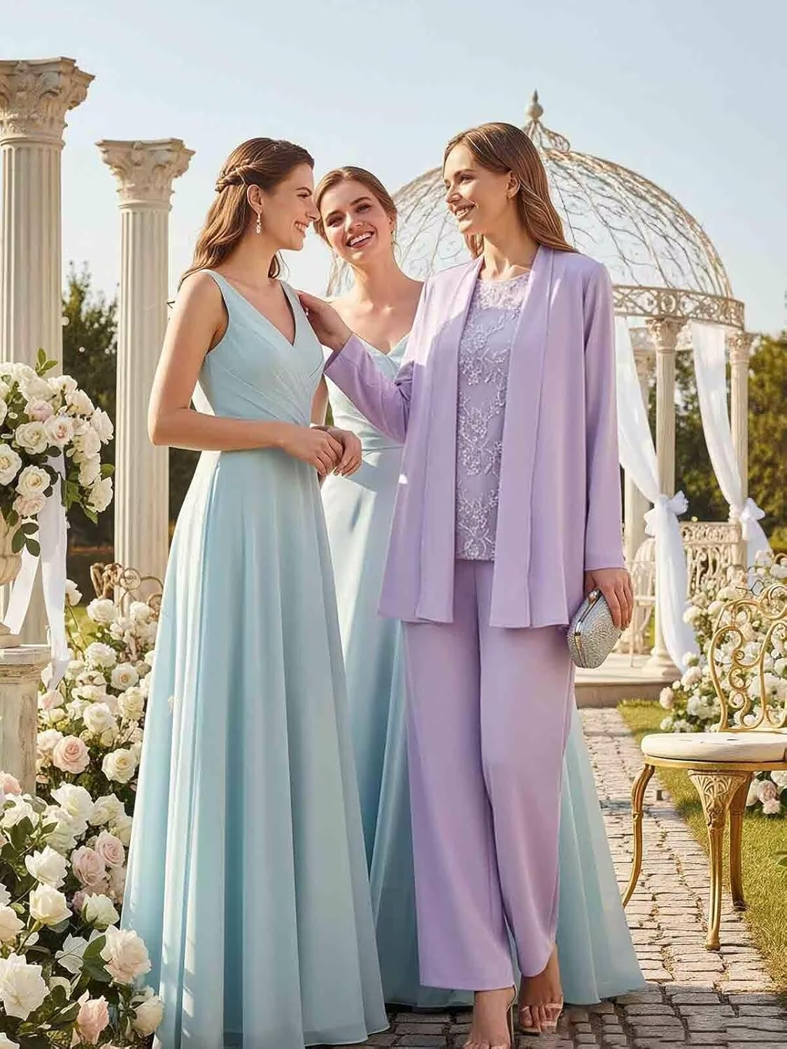 3 Pieces Mother of The Bride Pant Suits for Women Dressy Lace Applique Formal Wedding Gust Pantsuits with Jacket