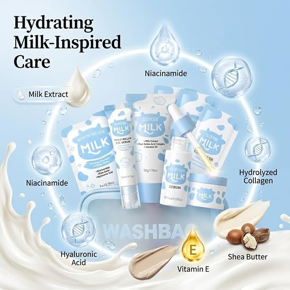 Milk Skin Care Sets & Kits - milk skincare travel skincare set for Teens & Women, 20PCS Hydrating Face Care Kit with Cleanser, Serum, Cream, Mud Mask, Sleeping Mask & Lip Mask, Teenage Girls Gifts