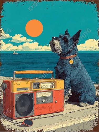 Funny Schnauzer Dog Vintage Boombox Ocean Sunset Retro Art Tin Sign Vintage Metal Wall Decor for Outdoor Space Man Cave Den Dog Lovers Music