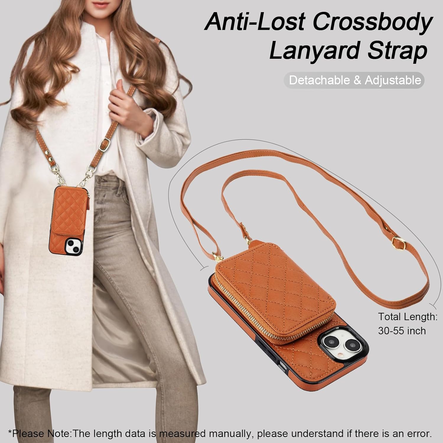 Bocasal Crossbody Wallet Case for iPhone 15, RFID Blocking PU Leather Zipper Handbag Purse Flip Cover, Kickstand Folio Case with Card Slots Holder Wrist Strap Lanyard 5G 6.1 Inch (Brown)