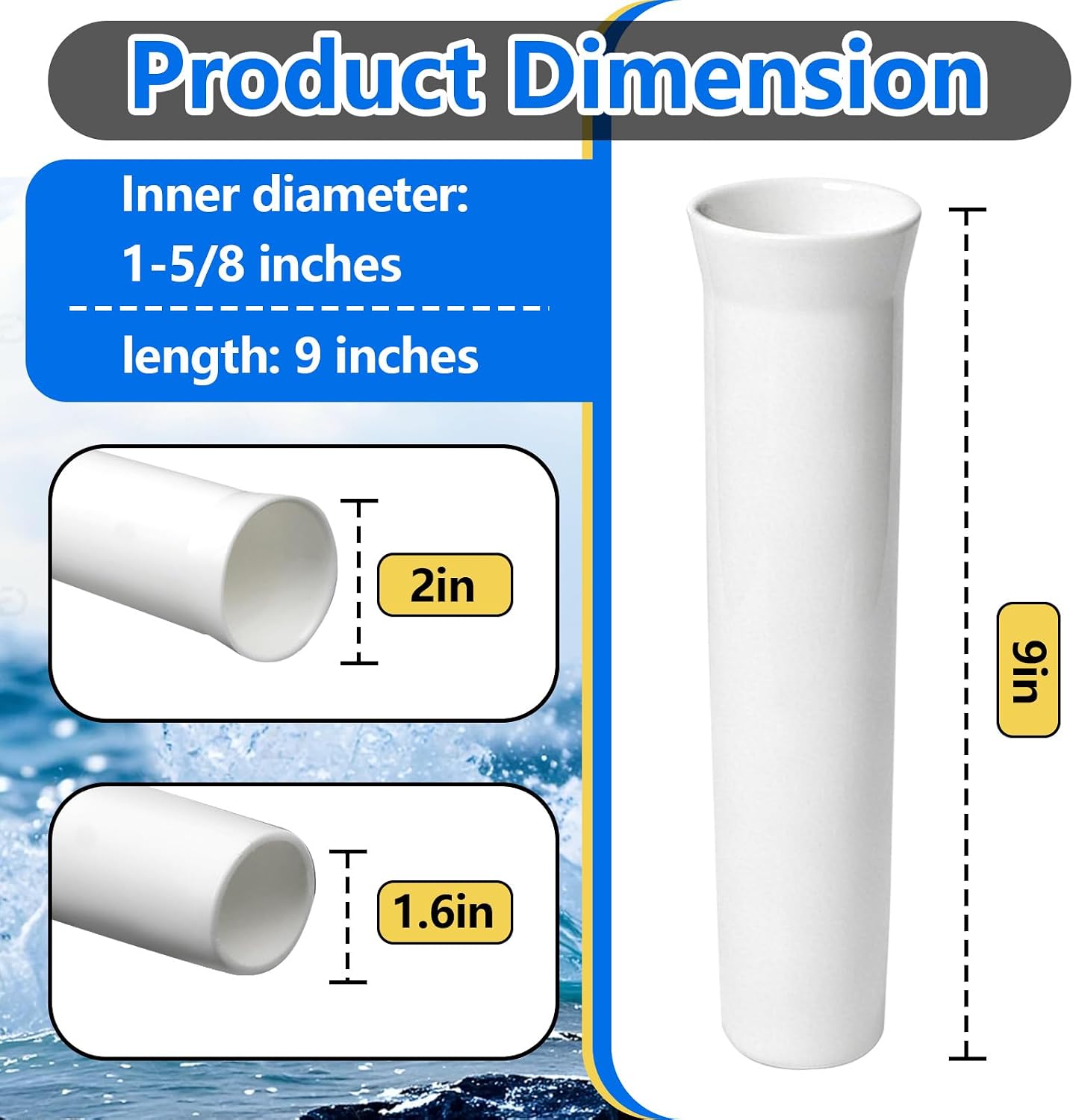 8PCS Vinyl Inserts for Fishing Rod Holder for Boats, Yachts and Ships | 1-5/8 Inches I.D, 9 Inches Length