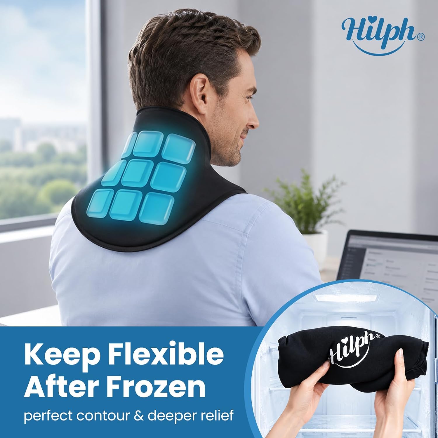 Hilph 50-Min Long-Lasting Neck Ice Pack Wrap, Reusable Ice Packs for Neck & Cervical Pain with Ice Grid Design, Flexible Gel Cold Compress Wrap for Office Stiff Neck, Hot Flashes, Surgery Recovery
