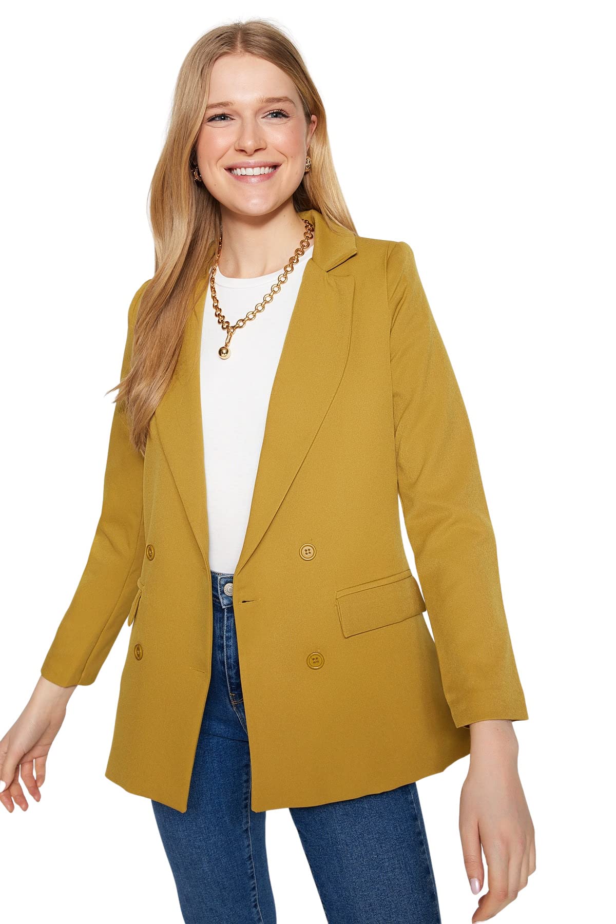 Trendyol Collection Damen Braun Hellbraune, Normal Gefütterte, Zweireihige Blazerjacke Mit Knopfleiste Und Gewebtem Muster Für - Größe 34