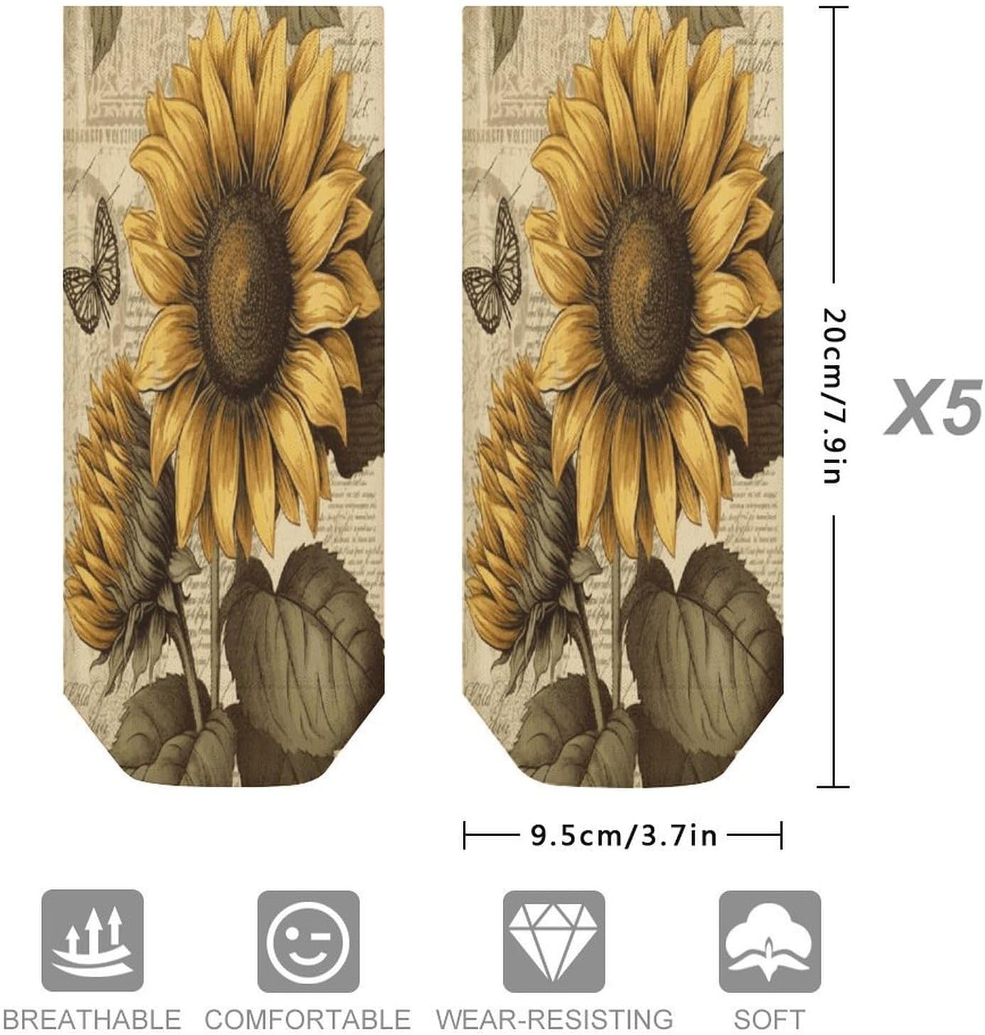 Retro Sunflower Ankle Sock for Men Women,Stocking Moisture-wicking, Grippy Socks for All-Day Comfort,5 Pairs