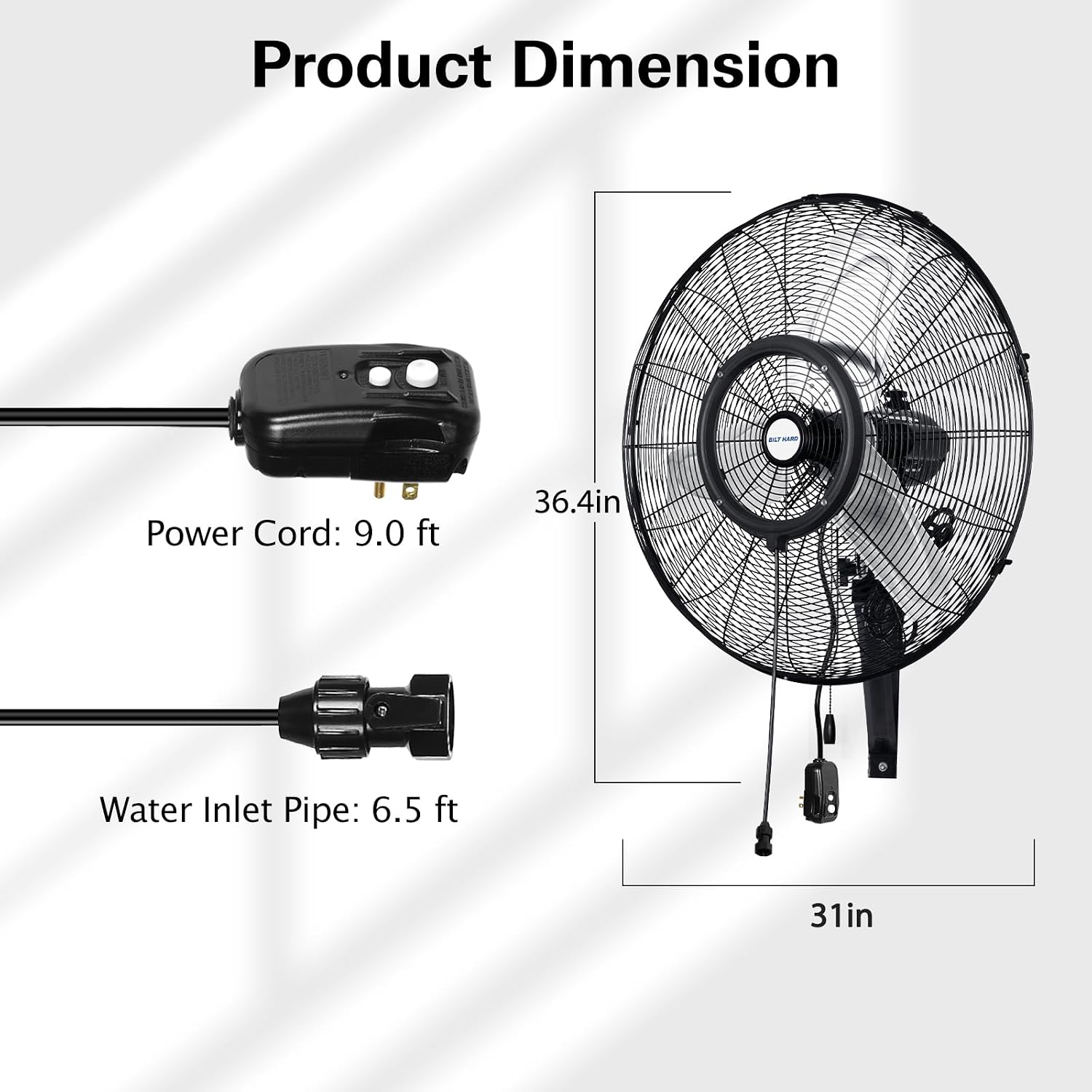 BILT HARD 30" Oscillating High-Velocity Outdoor Wall Misting Fan, 3-Speed Patio Fans for Outside, 80° Oscillation, Waterproof, Industrial Wall Mount Fan for Outdoor- UL Listed