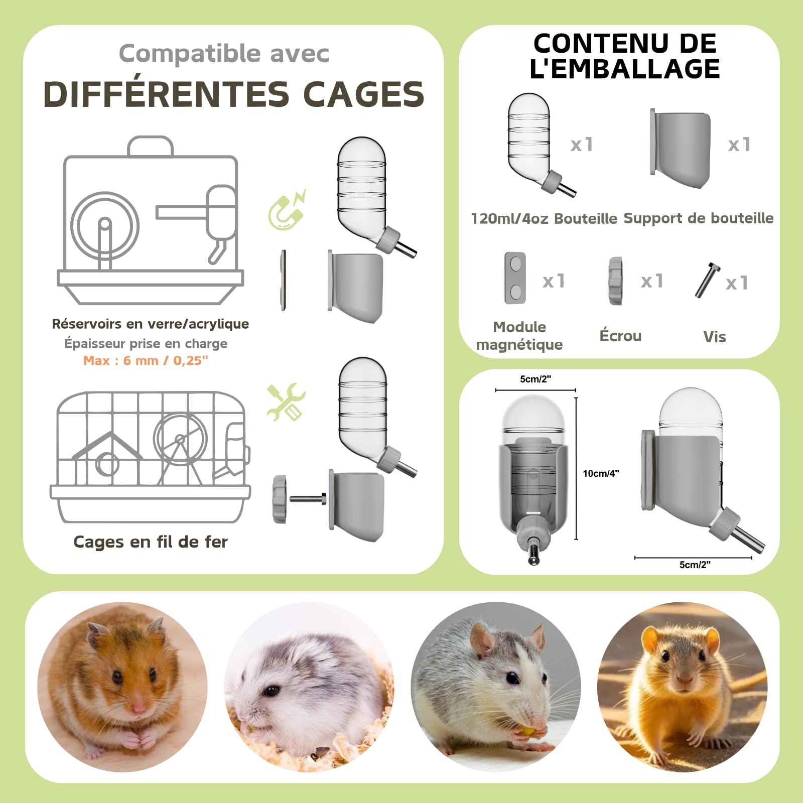Bouteille d'eau pour Hamster avec stents magnétiques, Porte-Bouteille pour Aquariums en Verre, adaptée aux Hamsters syriens Nains, gerbilles, Souris, Rats, Degus