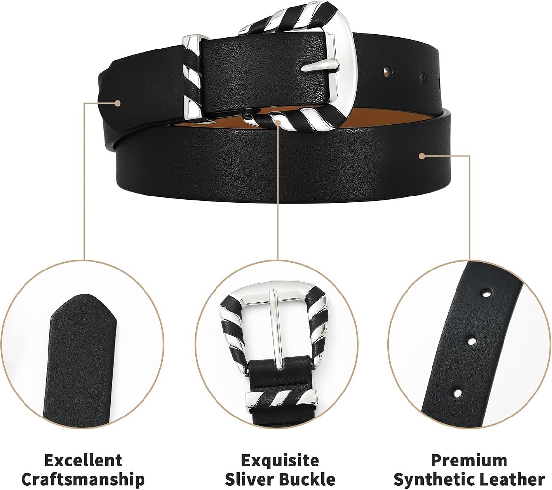 5846 Black Belts For Women Twisted Metal Silver Buckle Women’s Trendy Belt RISANTRY Black Belts for Women Twisted Metal Silver Buckle  main image 2