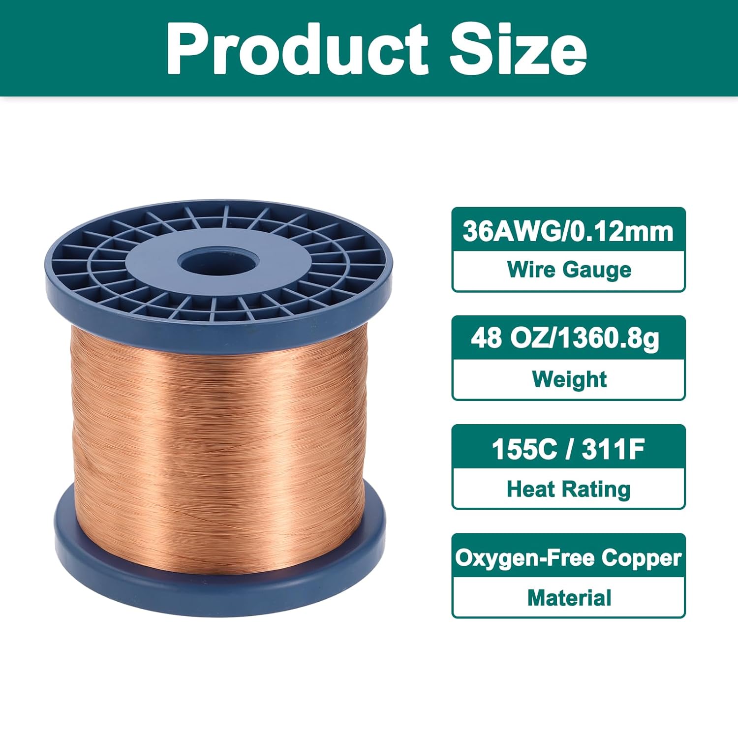 MECCANIXITY 36 AWG Magnet Wire, 36 Gauge Enameled Copper Wires 48 oz Magnetic Coil for Transformer Motor Electric, F Grade 311 Fahrenheit (155 Celsius), Copper Color