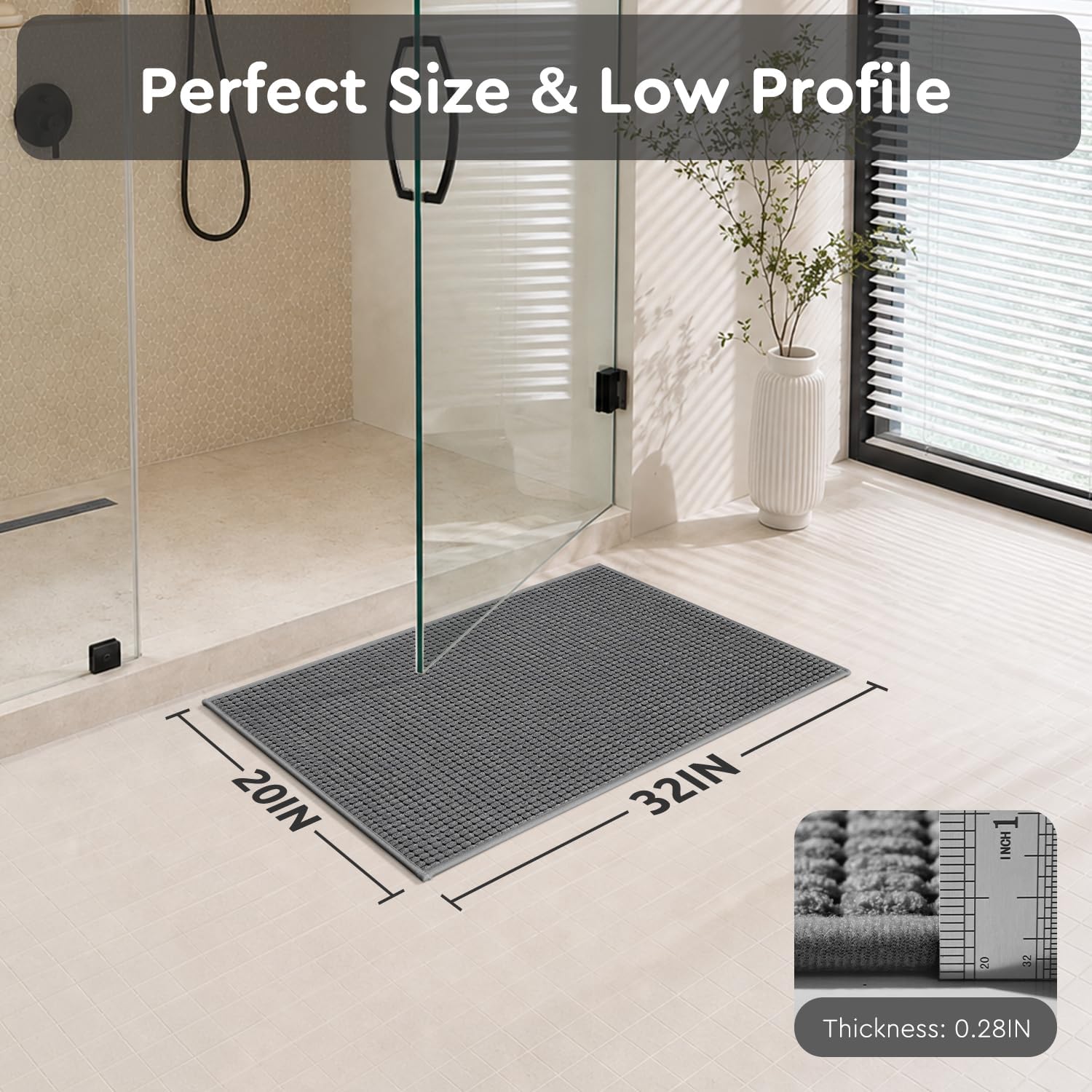 tchdio Bathroom Rugs, Absorbent Quick Dry Thin Bath Mat, Non Slip Washable Bath Rugs with Solid Rubber Backing, Low Profile Bath Mats for Bathroom, Grey, 20" x 32"
