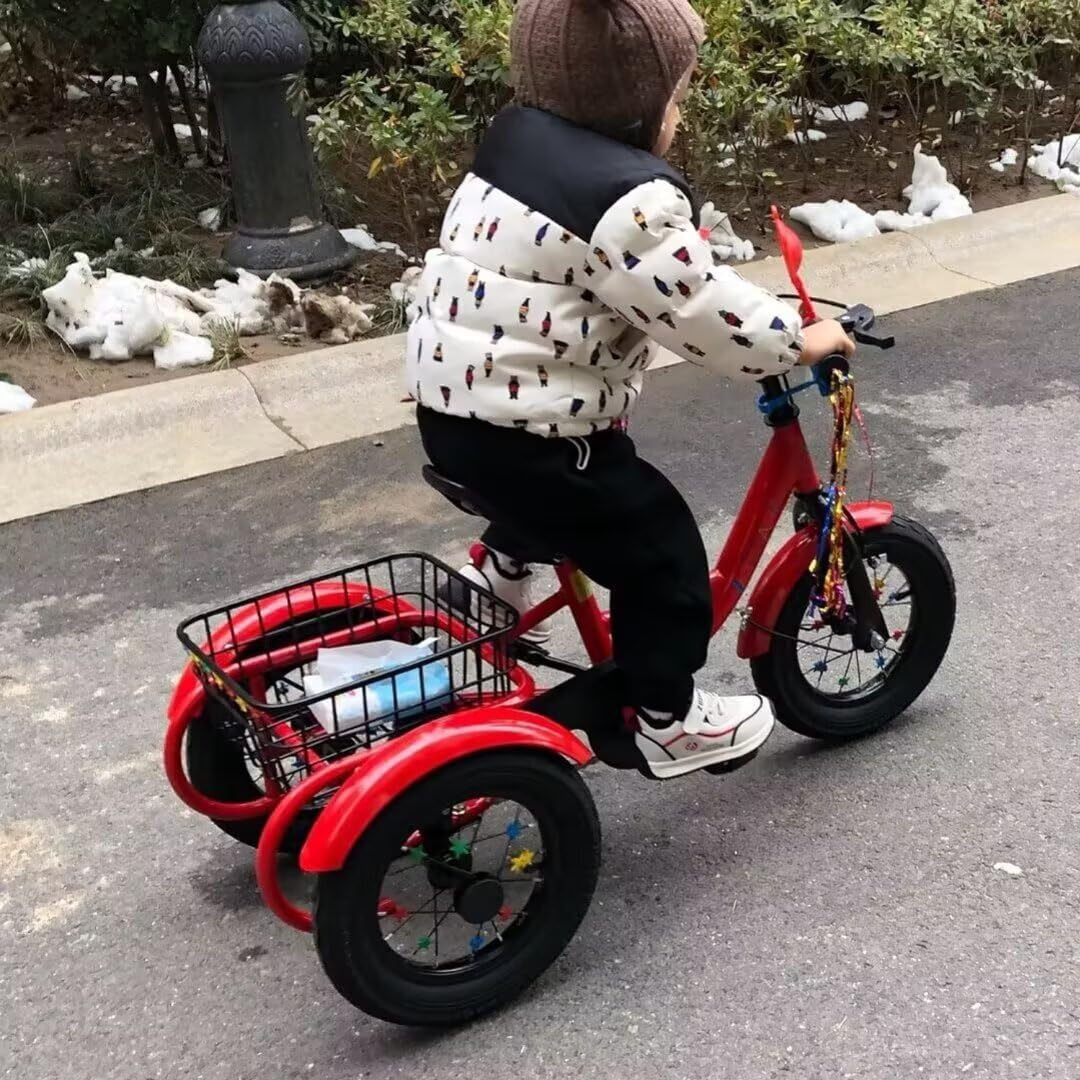 12 Inch Tricycles, Cruiser Tricycle with Foot Pedals, Front Wheel Claw Brake, 3 Wheels Bicycle with Basket Back, Pneumatic Tyres Spoked Wheels, Rickshaw Tricycles